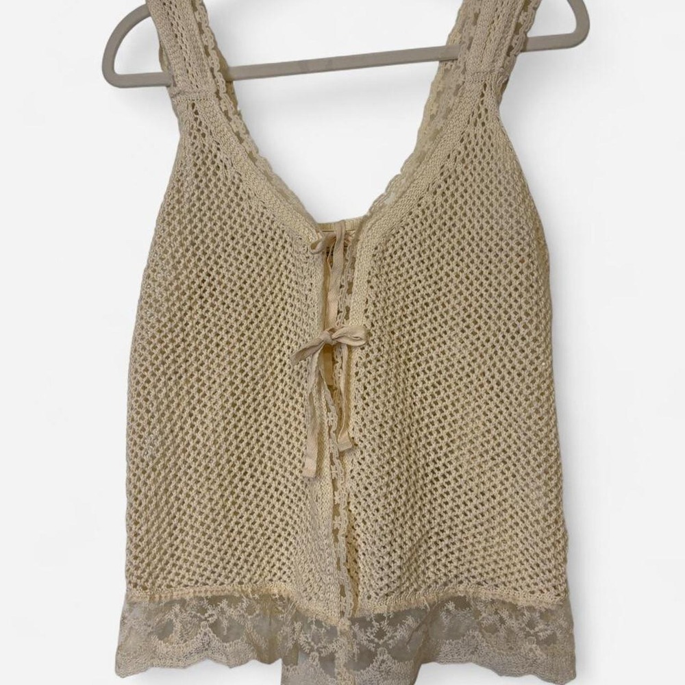 Ritual Crochet Lace Tank Top Large Cream Boho Y2K Cottagecore Tie Front